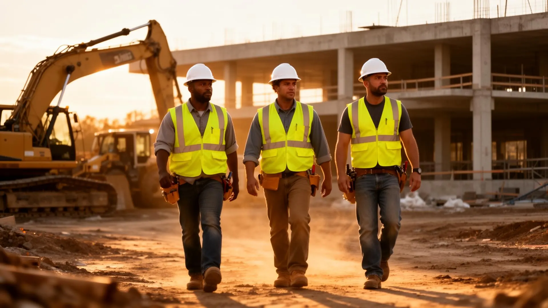 Bedrock crew walking across a job site at golden hour